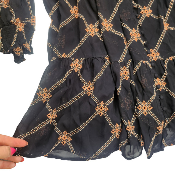 Johnny Was Dress XL Black Orange Sheer Embroidered Mock Neck Ruffle Button NEW - Picture 4 of 12
